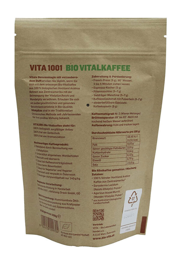 VITA 1001 - BIO Kaffee mit Reishi & Mandelpilz 250g – Bild 2